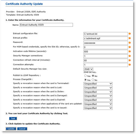 Certificate Authority Update dialog box with various fields for configuring the Entrust Certificate Authority completed in step 1, followed by a Test button displayed in step 2, and a Create button as well as a Cancel button in step 3 